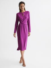 Reiss Magenta Valentina Tie Waist Bodycon Midi Dress - Image 1 of 6
