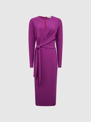 Reiss Magenta Valentina Tie Waist Bodycon Midi Dress - Image 2 of 6