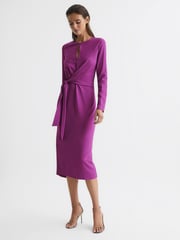 Reiss Magenta Valentina Tie Waist Bodycon Midi Dress - Image 6 of 6