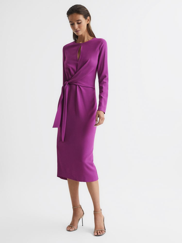 Reiss Magenta Valentina Tie Waist Bodycon Midi Dress - Image 6 of 6
