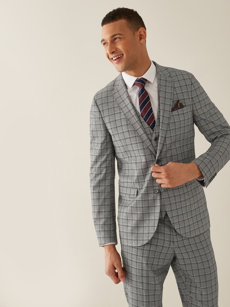 Grey/Brown Slim Fit Check Suit: Jacket - Image 2 of 9