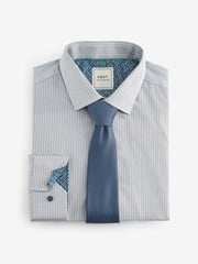 Neutral Brown/Blue Slim Fit Single Cuff Shirt And Tie Pack - Image 6 of 8