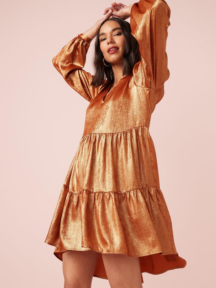 Metallic Gold Tiered Mini Dress - Image 1 of 4