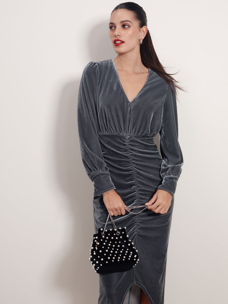 Blue/Grey Velvet Midi Dress - Image 1 of 6