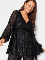Yours Curve Black London Sequin Long Sleeve Wrap Top - Image 1 of 4