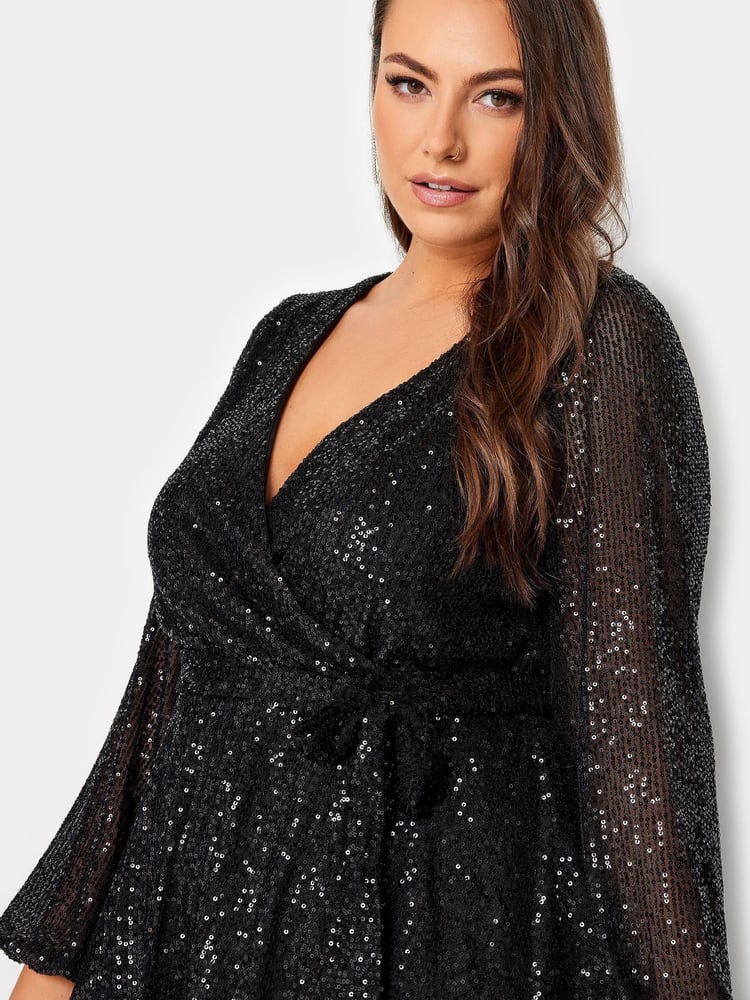 Yours Curve Black London Sequin Long Sleeve Wrap Top - Image 4 of 4