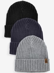 Navy Blue/Grey 3 Pack Knitted Ribbed Beanie Hats (1-16yrs) - Image 1 of 5
