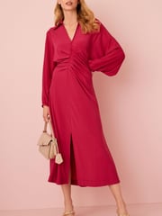 Pink Long Sleeve Ruched Shirt Midi Dress - Image 1 of 2