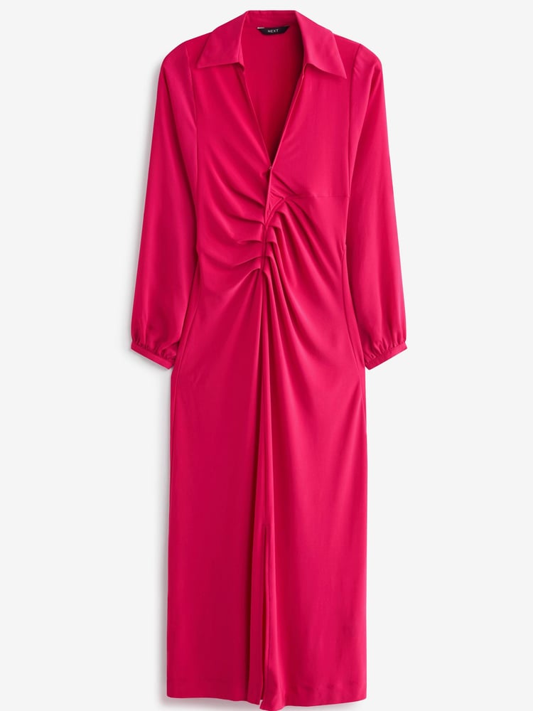 Pink Long Sleeve Ruched Shirt Midi Dress - Image 2 of 2