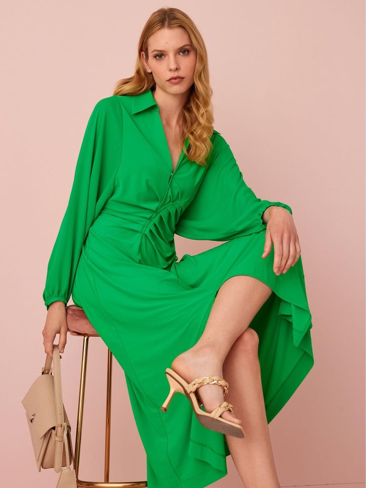 Green Long Sleeve Ruched Shirt Midi Dress - Image 1 of 5
