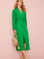 Green Long Sleeve Ruched Shirt Midi Dress - Image 2 of 5