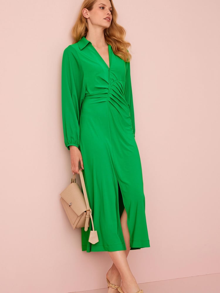 Green Long Sleeve Ruched Shirt Midi Dress - Image 2 of 5