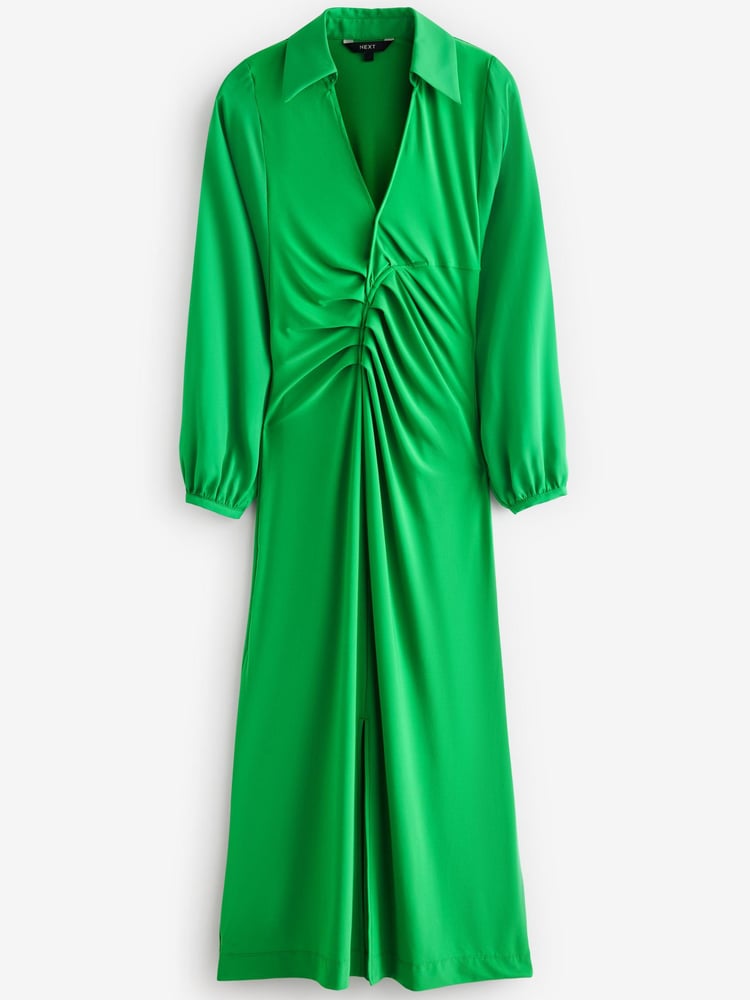 Green Long Sleeve Ruched Shirt Midi Dress - Image 5 of 5