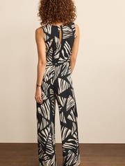 Abstract Black/White V-Neck Wide Leg Sleeveless Jumpsuit - Image 2 of 4