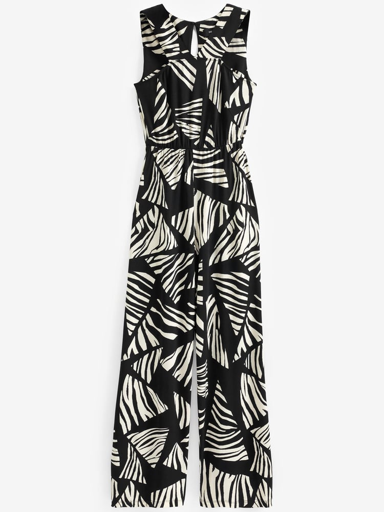 Abstract Black/White V-Neck Wide Leg Sleeveless Jumpsuit - Image 4 of 4