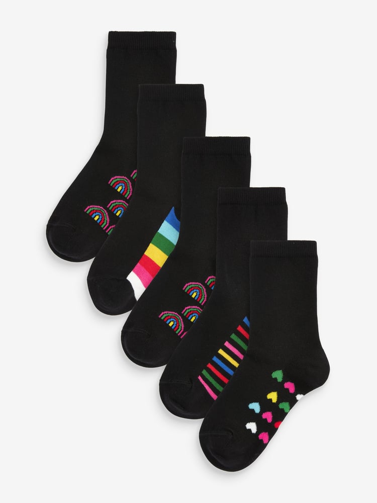 Black Rainbow 5 Pack Cotton Rich Footbed Ankle School Socks - Image 1 of 6