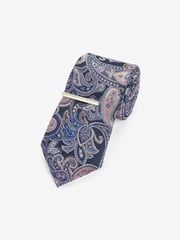 Blue Navy/Pink Paisley Slim Design Tie And Clip - Image 1 of 3