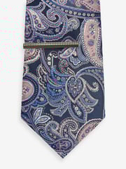 Blue Navy/Pink Paisley Slim Design Tie And Clip - Image 2 of 3