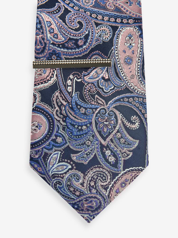 Blue Navy/Pink Paisley Slim Design Tie And Clip - Image 2 of 3