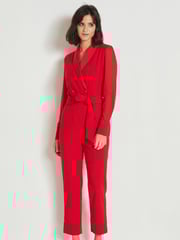 Red Sheer Sleeve Tuxedo Jumpsuit - Image 1 of 7