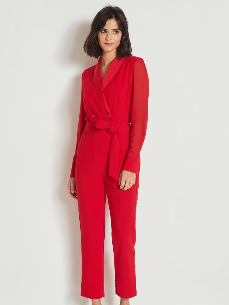 Red Sheer Sleeve Tuxedo Jumpsuit - Image 1 of 7