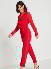 Red Sheer Sleeve Tuxedo Jumpsuit - Image 2 of 7