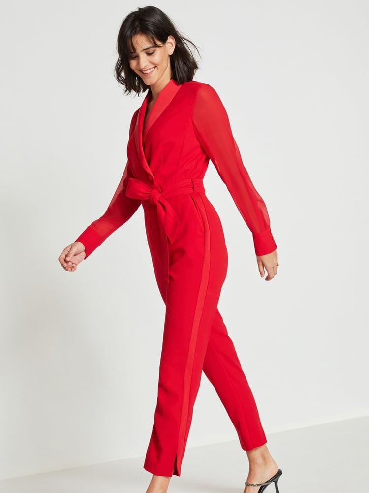 Red Sheer Sleeve Tuxedo Jumpsuit - Image 2 of 7
