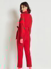 Red Sheer Sleeve Tuxedo Jumpsuit - Image 3 of 7