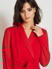 Red Sheer Sleeve Tuxedo Jumpsuit - Image 4 of 7