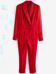 Red Sheer Sleeve Tuxedo Jumpsuit - Image 6 of 7