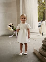 Cream Pleat Detail Short Sleeve Taffeta Dress (3mths-10yrs) - Image 1 of 7