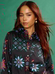 Another Sunday Long Sleeved Satin Oversized Shirt In Multi Print - Image 3 of 9