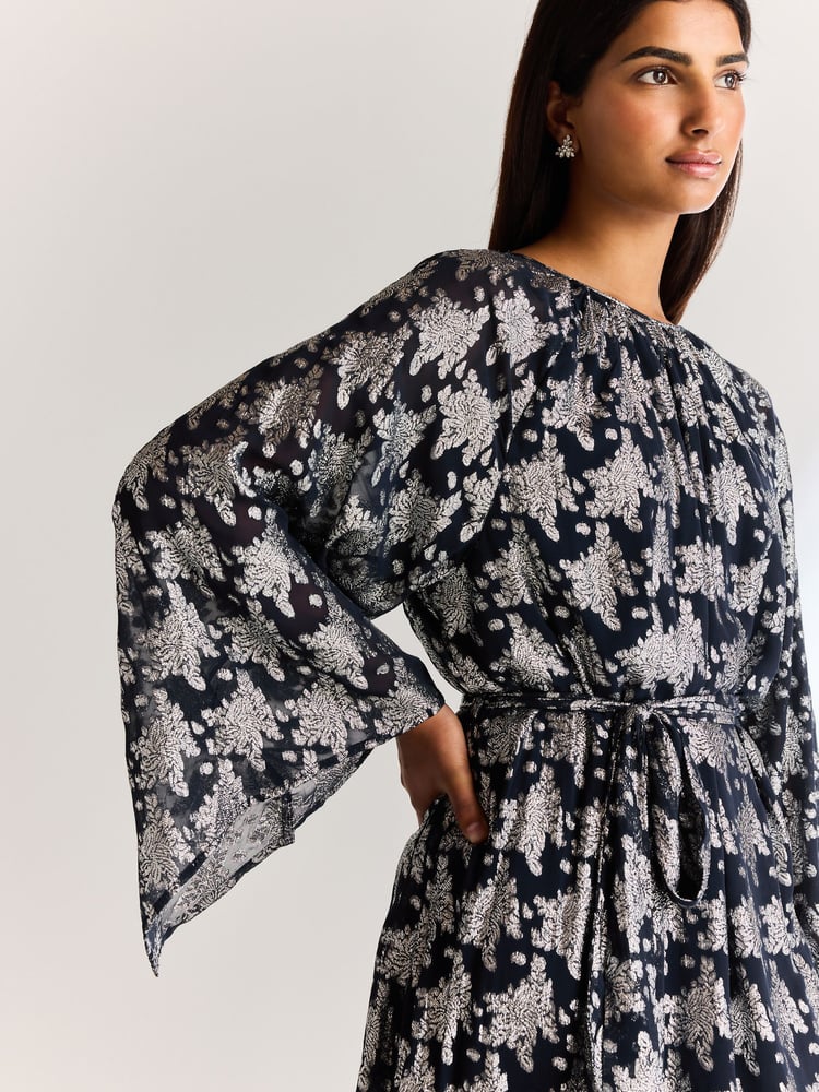 Navy Occasion Metallic Long Sleeve Dress - Image 2 of 6