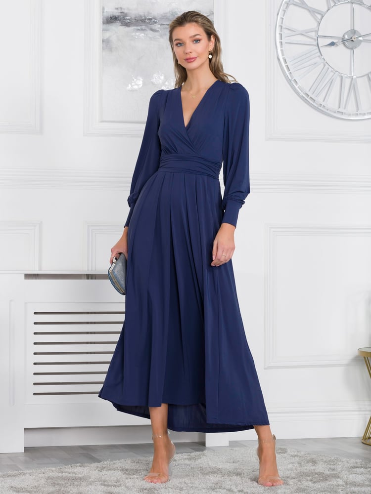 Jolie Moi Navy Blue Rashelle Jersey Long Sleeve Maxi Dress - Image 1 of 6