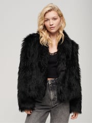 Superdry Long Black Fur Short Faux Fur Coat - Image 1 of 6