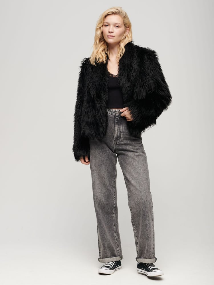 Superdry Long Black Fur Short Faux Fur Coat - Image 2 of 6