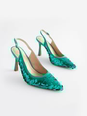 Aqua Blue Forever Comfort® Sequin Point Toe Slingback Heels - Image 1 of 5