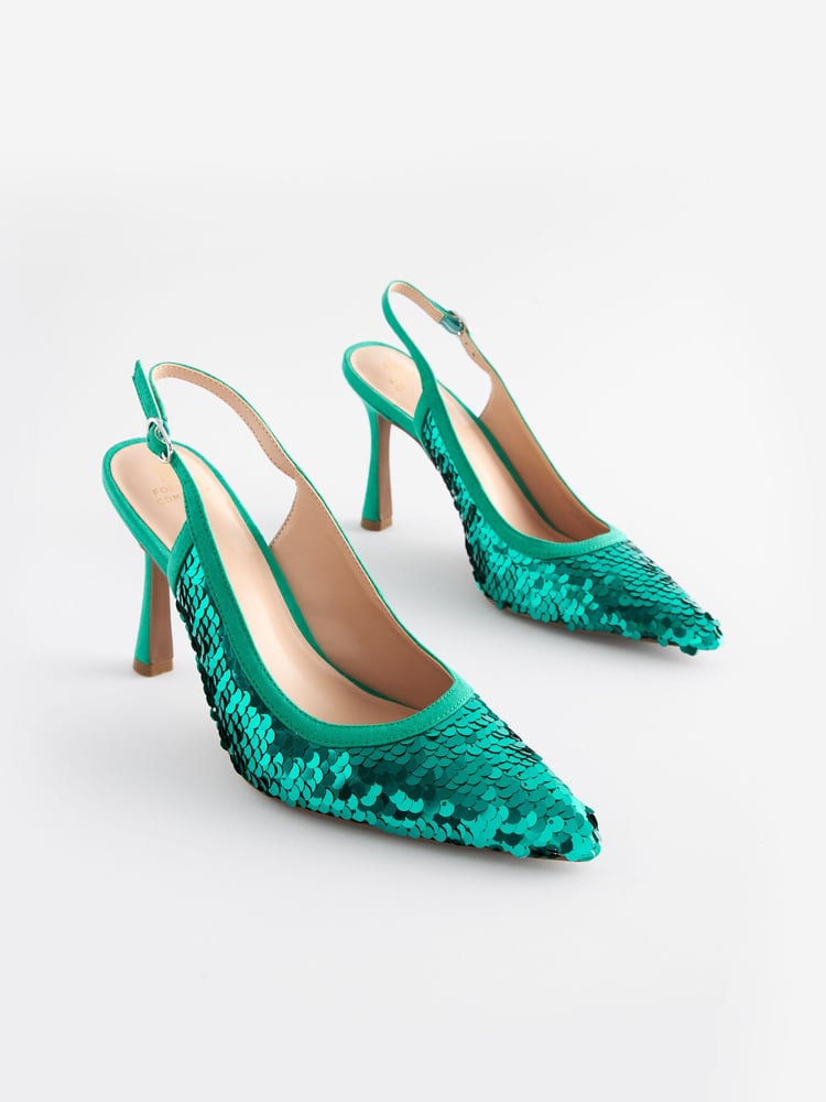 Aqua Blue Forever Comfort® Sequin Point Toe Slingback Heels - Image 1 of 5