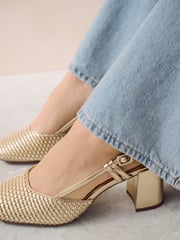 Gold Forever Comfort® Square Toe Weave Slingback Block Heel Shoes - Image 2 of 7