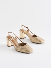 Gold Forever Comfort® Square Toe Weave Slingback Block Heel Shoes - Image 3 of 7
