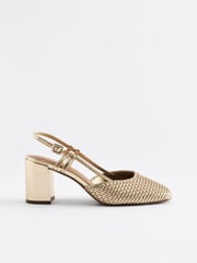 Gold Forever Comfort® Square Toe Weave Slingback Block Heel Shoes - Image 4 of 7