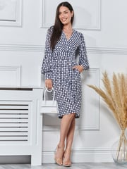 Jolie Moi Blue Print Long Sleeve Pegged Dress - Image 1 of 5
