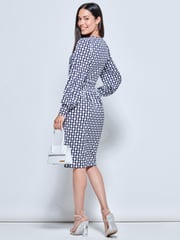 Jolie Moi Blue Print Long Sleeve Pegged Dress - Image 2 of 5