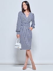 Jolie Moi Blue Print Long Sleeve Pegged Dress - Image 3 of 5