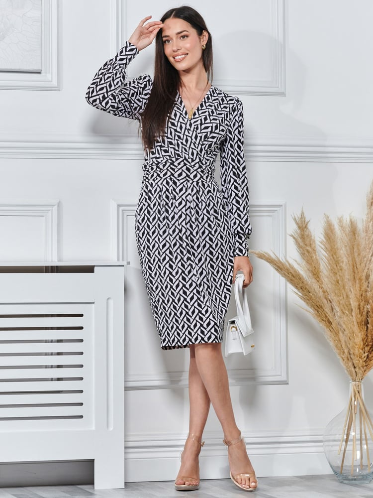 Jolie Moi Black Print Long Sleeve Pegged Dress - Image 1 of 5