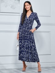 Jolie Moi Blue Chain Print Long Sleeve Maxi Dress - Image 1 of 5