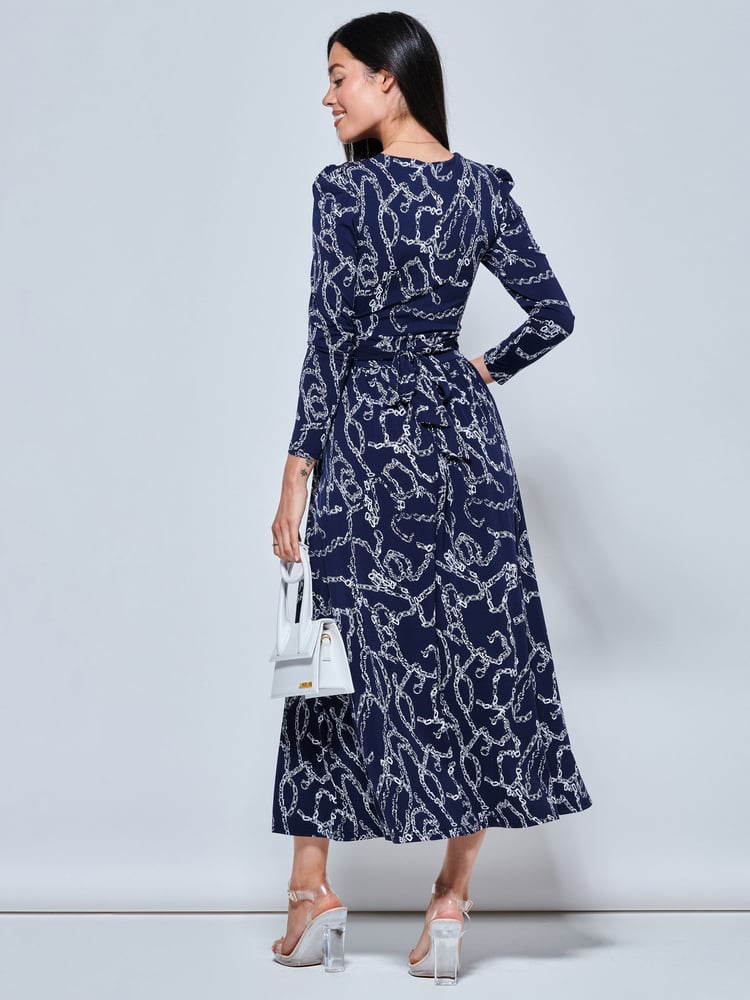 Jolie Moi Blue Chain Print Long Sleeve Maxi Dress - Image 2 of 5