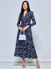 Jolie Moi Blue Chain Print Long Sleeve Maxi Dress - Image 4 of 5