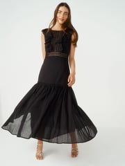 Black 100% Cotton Sleeveless Ruffle Lace Insert Maxi Dress - Image 1 of 6