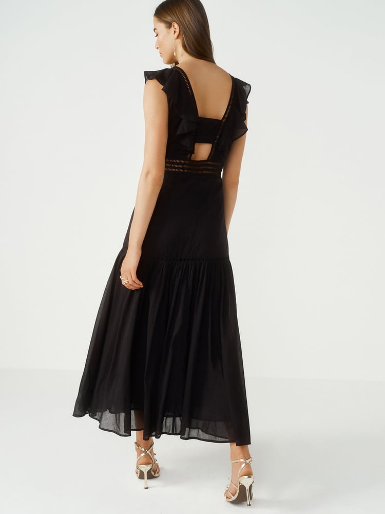 Black 100% Cotton Sleeveless Ruffle Lace Insert Maxi Dress - Image 2 of 6